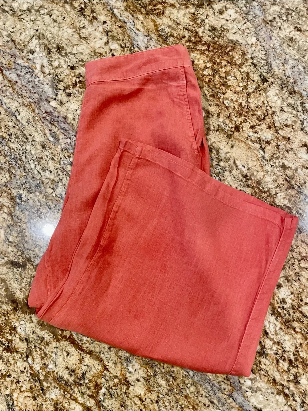 Tahari 100% Linen Coral Orange Wide Leg Crop Pants Elastic Back Waist Size L - Picture 3 of 9